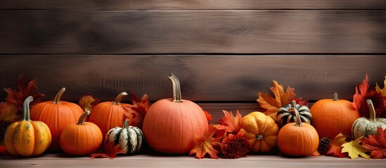Poster - A copy space image featuring autumn leaves and pumpkins arranged on an old wooden background