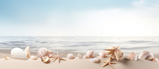 Aufkleber - A copy space image featuring a sandy background adorned with shells and ample white space for text