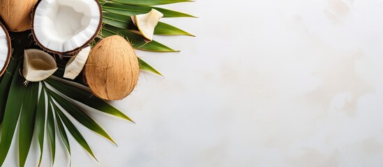 Leinwandbilder - A fashionable mock up displays a summer themed still life featuring a modern phone screen with blank copy space It showcases a stylish arrangement of a fresh coconut dry palm leaves and a stone backg