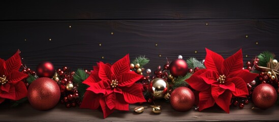 Poster - A festive Christmas decoration featuring vibrant red Poinsettia flowers a branch of fir and embellishments like red balls and beads set against a wooden background Perfect as a New Year and Christmas