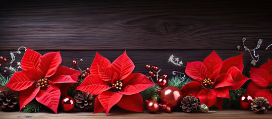 Poster - A festive Christmas decoration featuring vibrant red Poinsettia flowers a branch of fir and embellishments like red balls and beads set against a wooden background Perfect as a New Year and Christmas
