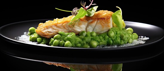 Aufkleber - A crispy ocean perch with a velvet snow peas puree and vibrant adamame ready for a photo shoot with ample copy space image