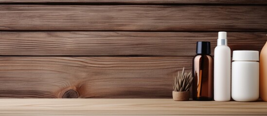 Poster - A copy space image showcasing cosmetics against a wooden background