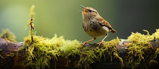 a eurasian wren scientifically known as troglodytes troglodyte sings on a moss covered branch in the