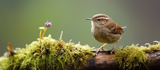 Aufkleber - A Eurasian wren scientifically known as troglodytes troglodyte sings on a moss covered branch in the nature during the spring season The small brown bird sits on a twig with its beak wide open creati