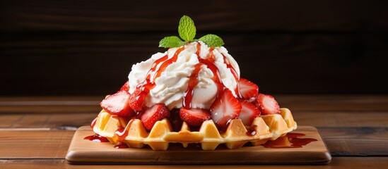 Leinwandbilder - A delicious strawberry waffle topped with whipped cream and vanilla ice cream drizzled with honey syrup placed on a wooden table with space for additional images