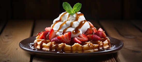 Leinwandbilder - A delicious strawberry waffle topped with whipped cream and vanilla ice cream drizzled with honey syrup placed on a wooden table with space for additional images