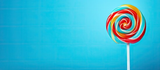 Aufkleber - A brightly colored lollipop is showcased on a vibrant blue background offering a minimalistic aesthetic Ample copy space is available for additional elements