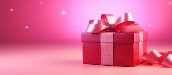 Leinwandbilder - A copy space image featuring a red gift box with a ribbon bundle placed on a vibrant pink background