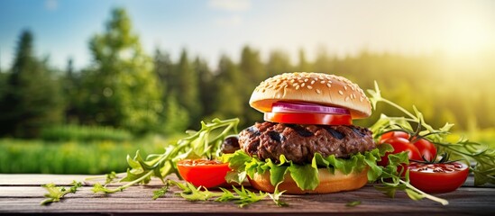 Wall Mural - A classic American dish a juicy beef burger topped with arugula tomato cucumber and sauce served on a table for a picturesque summer picnic The background image provides a perfect backdrop and there