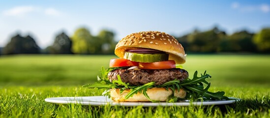 Leinwandbilder - A classic American dish a juicy beef burger topped with arugula tomato cucumber and sauce served on a table for a picturesque summer picnic The background image provides a perfect backdrop and there