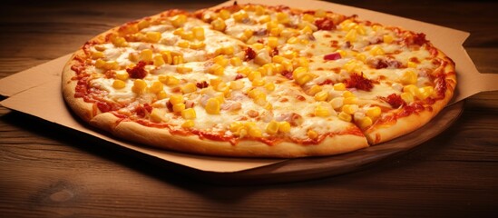 Poster - A delicious pizza with golden corn and a generous amount of mozzarella cheese beautifully presented on a pizza box ready to be enjoyed Copy space image