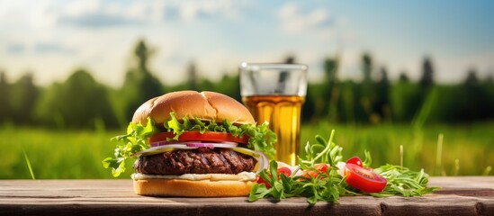 Wall Mural - A classic American dish a juicy beef burger topped with arugula tomato cucumber and sauce served on a table for a picturesque summer picnic The background image provides a perfect backdrop and there