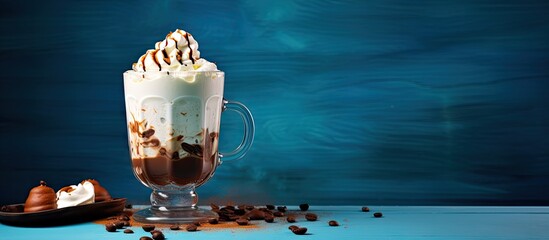 Poster - A creative autumn espresso drink features an enticing Irish coffee cocktail topped with whipped cream and cocoa The image backdrop consists of a captivating blue concrete providing ample copy space