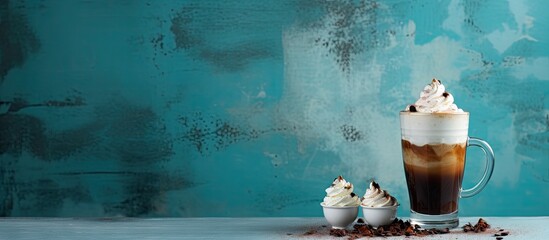 Aufkleber - A creative autumn espresso drink features an enticing Irish coffee cocktail topped with whipped cream and cocoa The image backdrop consists of a captivating blue concrete providing ample copy space