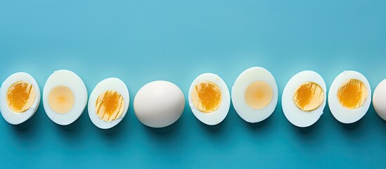 Wall Mural - A copy space image captures a bird s eye view of boiled eggs cut and delicately displayed on a vibrant blue surface