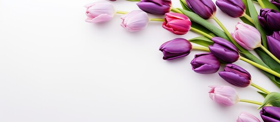 Canvas Print - A closeup of purple tulips and pink roses on a white background positioned on the left side It represents the concept of the spring season The composition is minimal with a flat lay of colorful tulip