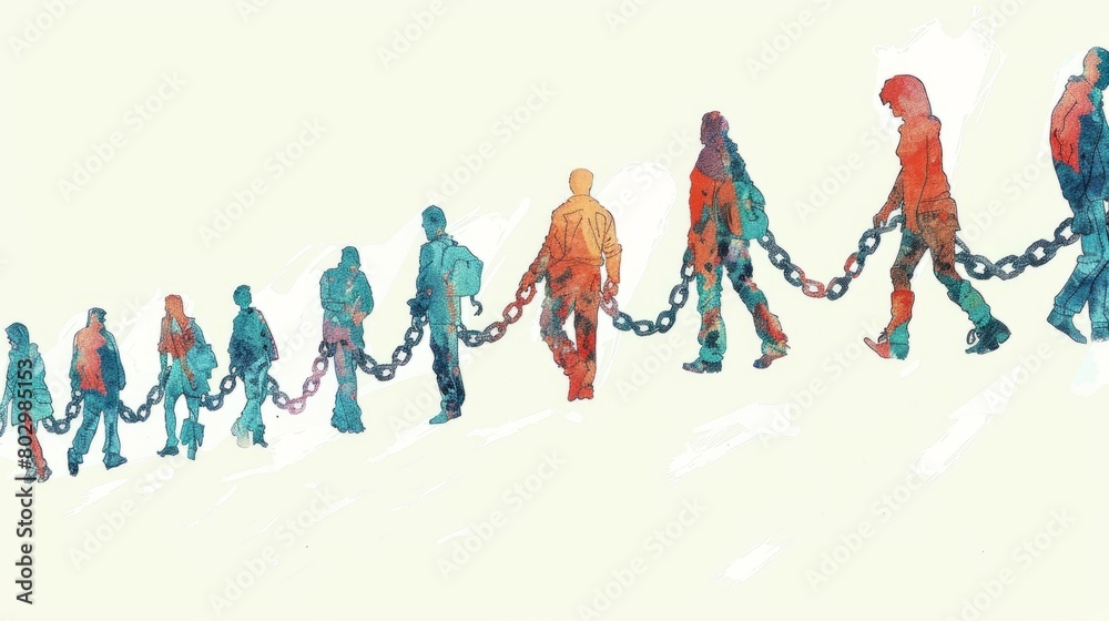 Illustration of a group of diverse people walking in a single file line ...