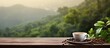 A copy space image featuring a coffee cup filled with coffee beans resting on a wooden table amidst natural plantations