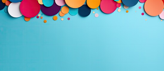 Poster - A colorful abstract backdrop with scattered paper circles creates a festive composition for celebration This beautiful decor for the party offers a view from above emphasizing the flat lay of the cop