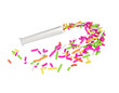 Colorful Sprinkles Flowing Coming In The Air, Spilling Out From Silver Empty Packet 3D Illustration