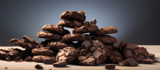 Aufkleber - A copyspace image of chocolate cookies made from pieces of chocolate sitting on a hill against a gray background. with copy space image. Place for adding text or design
