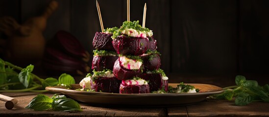 Poster - A delightful appetizer recipe featuring stacks of roasted beetroot and feta cheese drizzled with olive oil all served on a stick creating a visually appealing and tasty copy space image