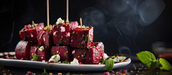 Poster - A delightful appetizer recipe featuring stacks of roasted beetroot and feta cheese drizzled with olive oil all served on a stick creating a visually appealing and tasty copy space image
