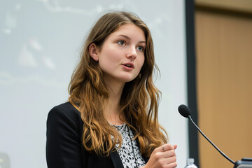 Sticker - A political science student presents her thesis on international relations and conflict resolution at a university conference