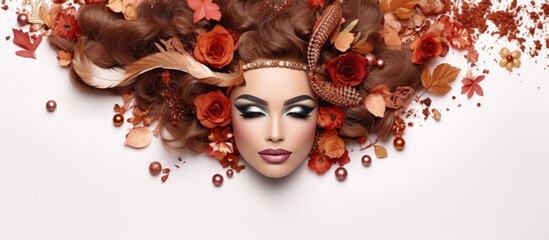 Wall Mural - A beauty artist s top view of a makeup face with hair accessories on a white background featuring a border frame and copy space image