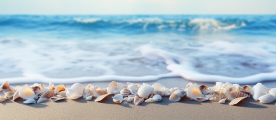 Poster - A copy space image of shells scattered on a sandy beach with a captivating blue ocean wave in the background