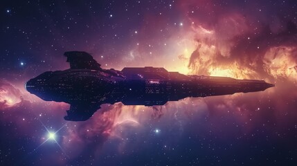 Wall Mural - A large space ship is flying through a galaxy of stars. The ship is surrounded by a purple and orange sky, giving the scene a sense of wonder and adventure