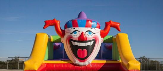 Poster - A colorful inflatable bouncy jumper featuring a lively clown design perfect for fun filled playtime Copy space image