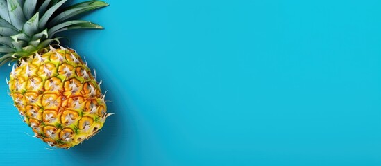 Poster - A copy space image featuring a sliced pineapple viewed from above resting on a vibrant turquoise backdrop