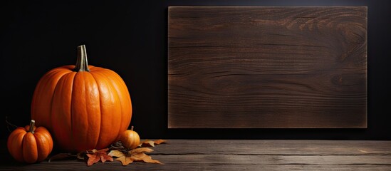 Poster - A card is placed next to a Halloween pumpkin on a black wooden background providing space for written messages or announcements. with copy space image. Place for adding text or design