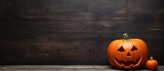 Poster - A card is placed next to a Halloween pumpkin on a black wooden background providing space for written messages or announcements. with copy space image. Place for adding text or design