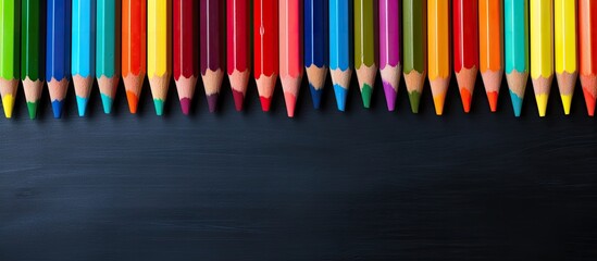 Poster - A copy space image of colorful crayons used for writing and illustrating on a classic blackboard representing the educational concept of learning in a school setting