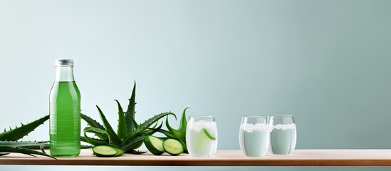 Poster - A copy space image of a table showcasing peeled aloe vera with vibrant green leaves and bottles