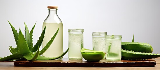 Poster - A copy space image of a table showcasing peeled aloe vera with vibrant green leaves and bottles