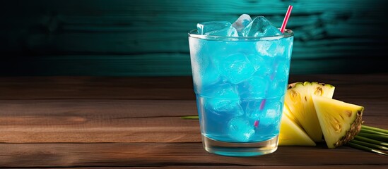 Poster - A contemporary twist on a classic cocktail a refreshing blue hawaii mockup featuring a mix of soft drink blue curacao syrup coconut rum and pineapple juice Served cold on a wooden table with ample co