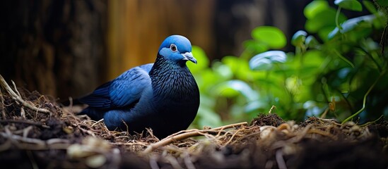 Aufkleber - A black and blue Pigeon is perched on the garden roots against an animal background providing ample copy space for additional content