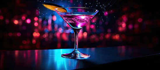 Poster - A cocktail sits on a black background at a vibrant night club bar creating a visually appealing copy space image