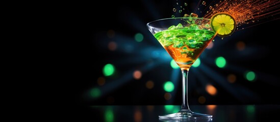Poster - A cocktail sits on a black background at a vibrant night club bar creating a visually appealing copy space image