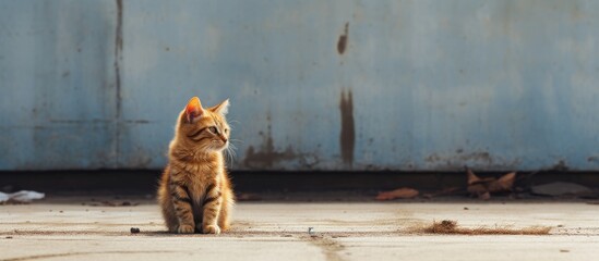 Poster - A cat is seen sitting on a cement floor in a copy space image