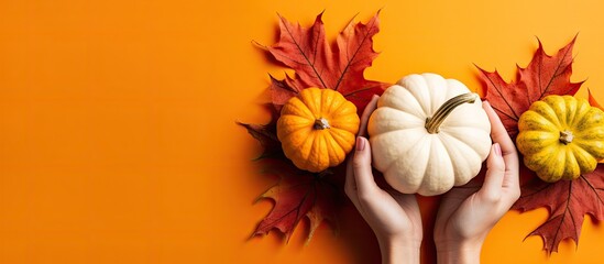 Poster - A creative autumn themed flat lay image featuring a white pumpkin cradled in a woman s hands accompanied by dry leaves on a bold orange background This image is perfect for autumn Thanksgiving fall o