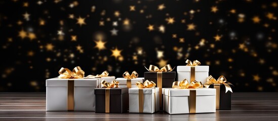 Poster - A copy space image featuring white and golden gift boxes placed on a black wooden table
