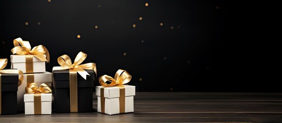 Poster - A copy space image featuring white and golden gift boxes placed on a black wooden table