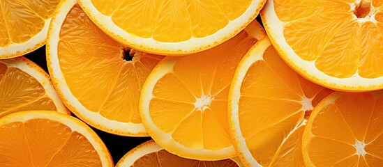 Aufkleber - A close up view of freshly sliced oranges with a juicy and appetizing texture It is captured from a top angle providing a visually appealing copy space image The oranges create a vibrant and mouthwat
