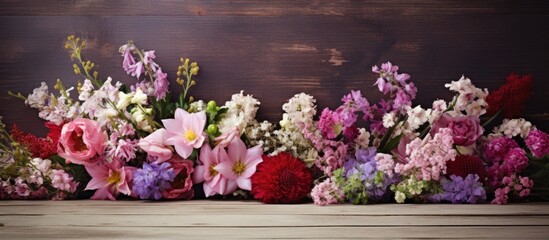 Wall Mural - A bouquet of mixed flowers displayed on a wooden backdrop with ample copy space for an image