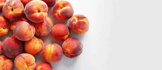 Wall Mural - Background of ripe peaches in the summer. Juicy peaches on a white backdrop with space for text.